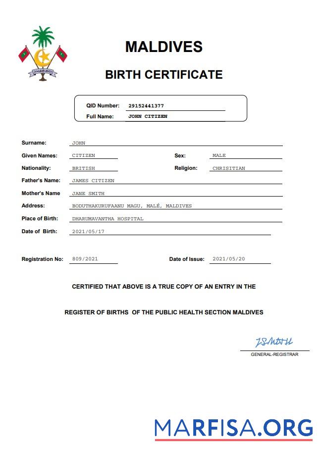 Blank Maldives birth certificate Word and PDF template